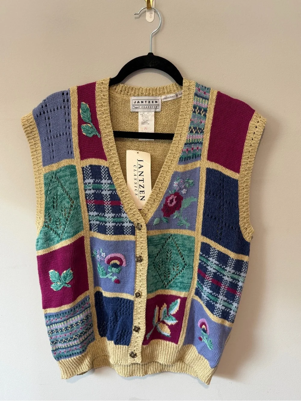 Vintage Jantzen Patchwork Colorblock Embroidered Grandma Sweater Vest Medium NWT